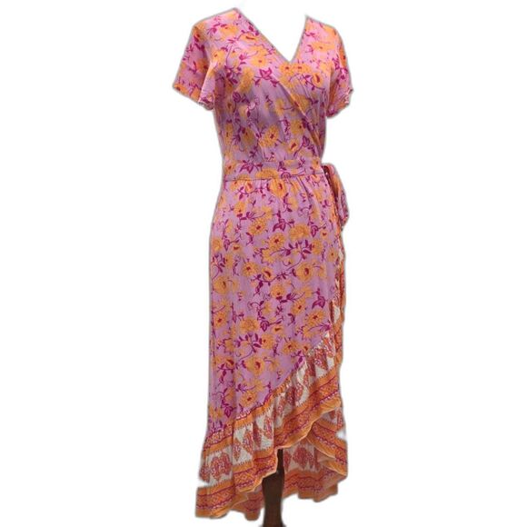 ZESICA Pink & Orange Floral Bohemian Wrap V-Neck Ruffle Flowy Midi Dress Size S - Picture 5 of 11